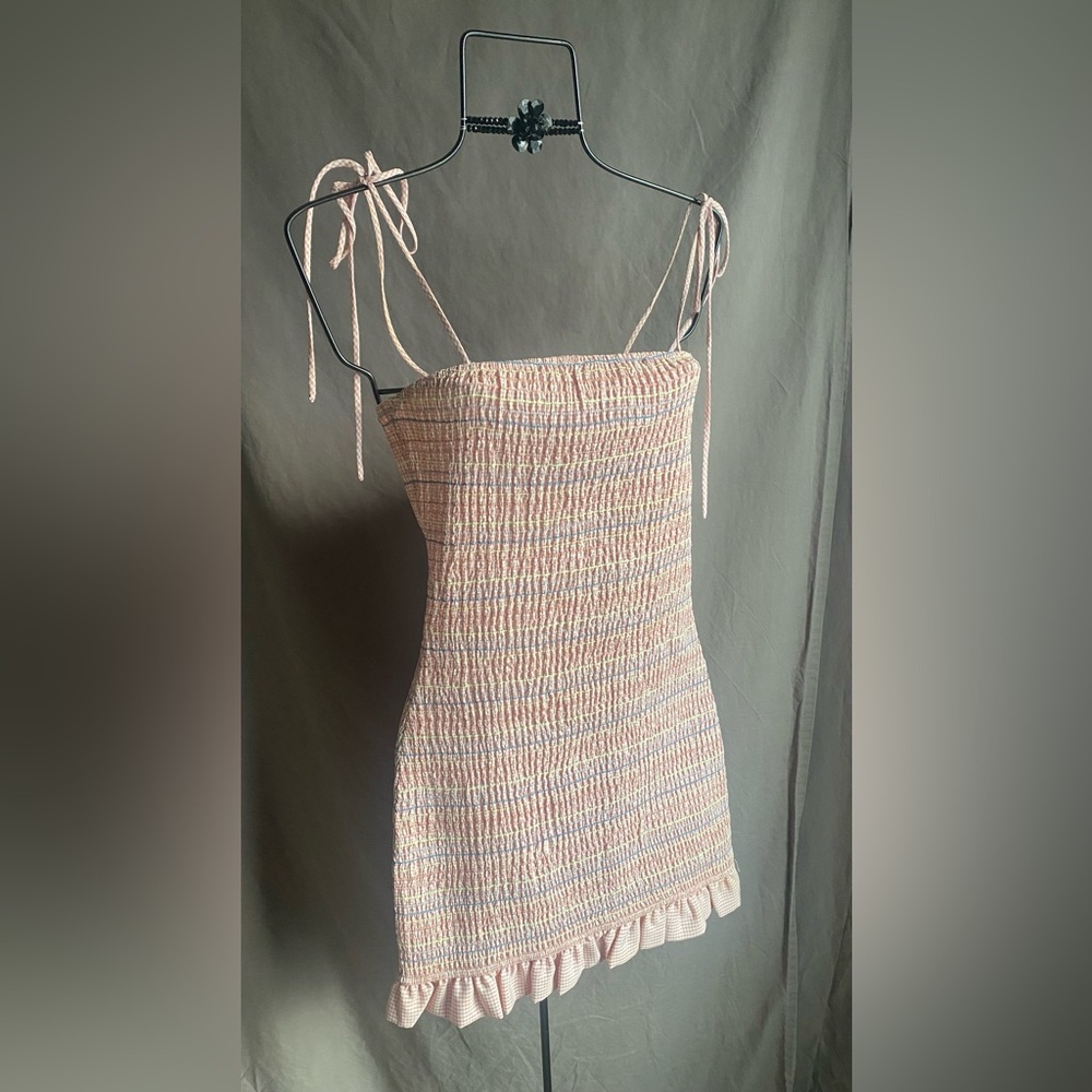 Storia Strapless Pastel Pucker Stretch Plaid Dress